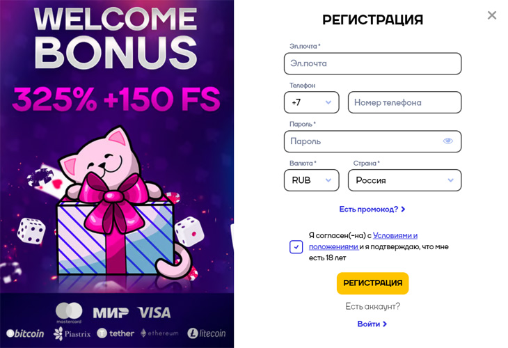 Форма быстрой регистрации в онлайн казино Cat Casino.