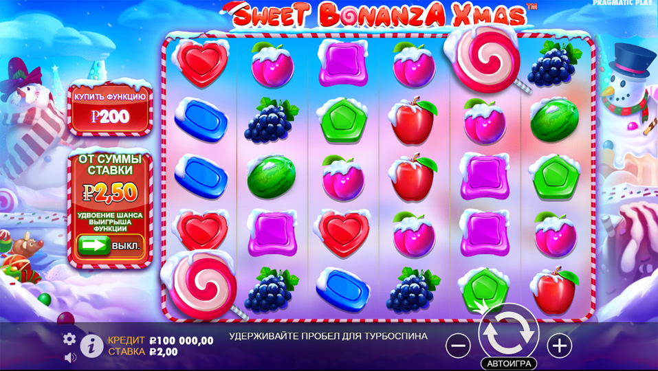 Интерфейс игрового автомата Sweet Bonanza Xmas